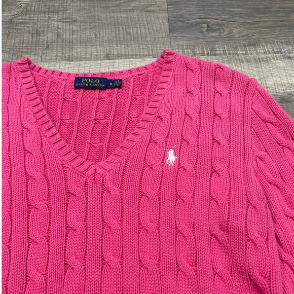 Polo Ralph Lauren Womens Size Medium Pink Cotton Cable Neck V Neck Sweater - Picture 3 of 7